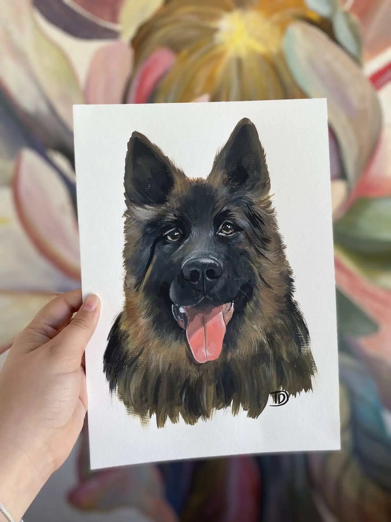 A brushstroke of love: A custom pet portrait that encapsulates the affection and tenderness shared between a dog and a cat.